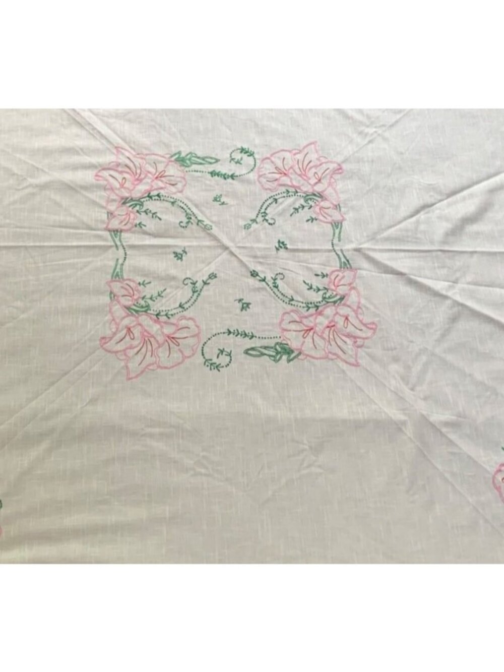 Floral Embroidered Round Tablecloth 68" Diameter Cotton Linen Blend Vintage